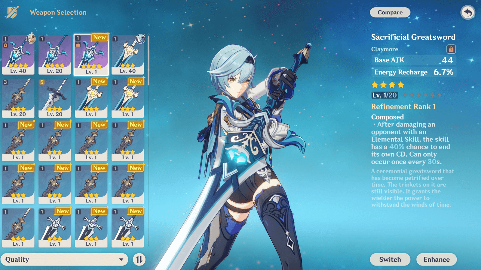 Sacrificial Sword stats interface in Genshin Impact