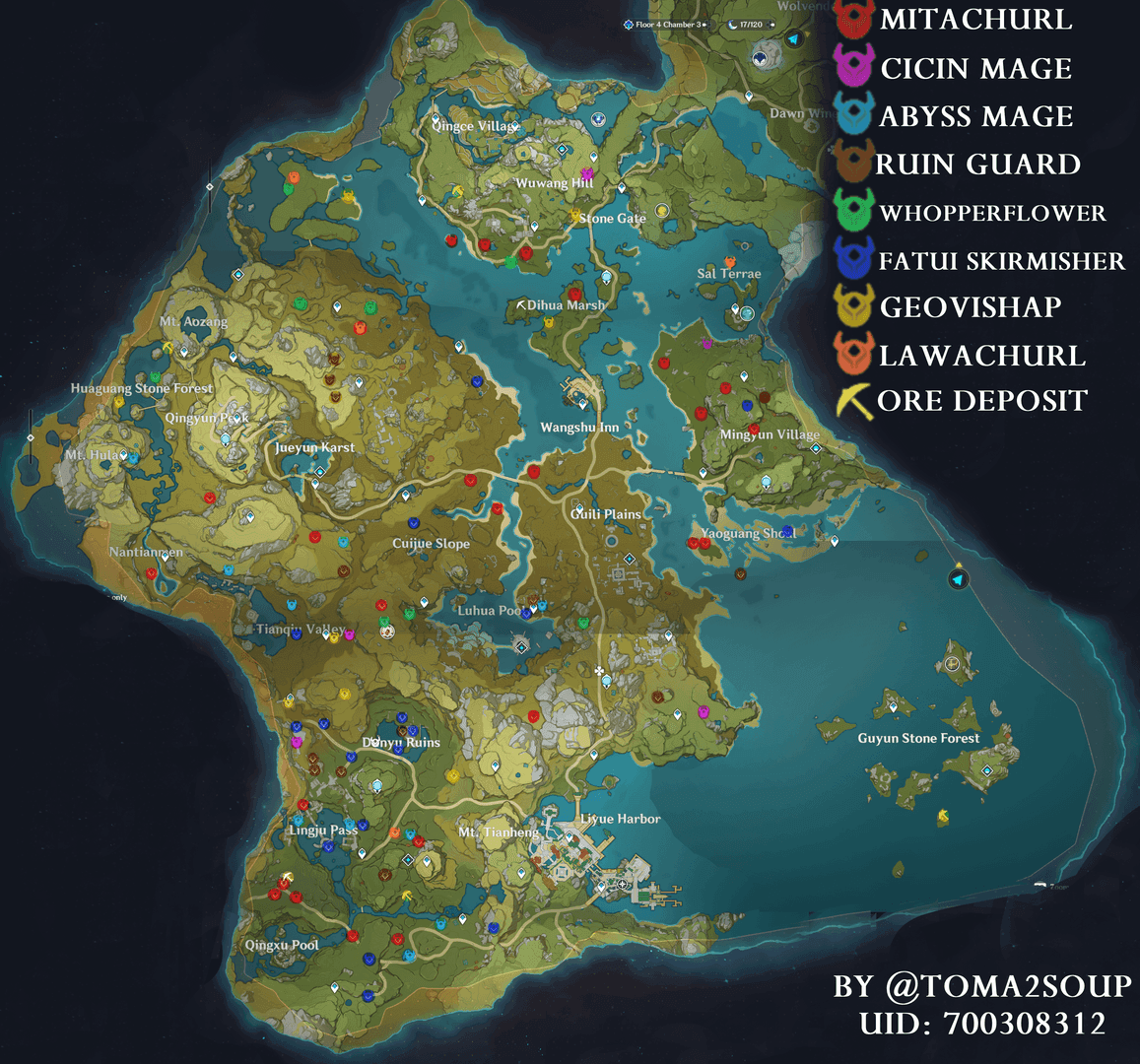 Liyue map showing farming locations in Genshin Impact