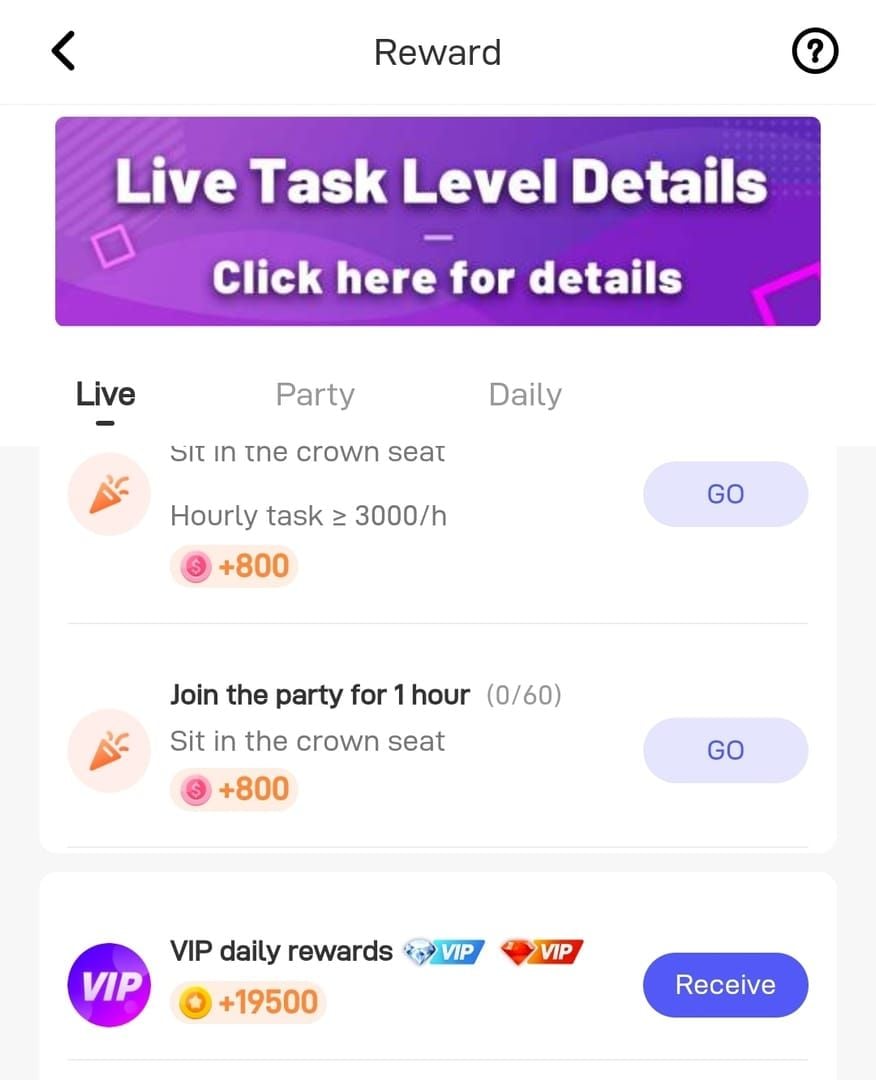 Screenshot of Poppo Live daily tasks and coin rewards