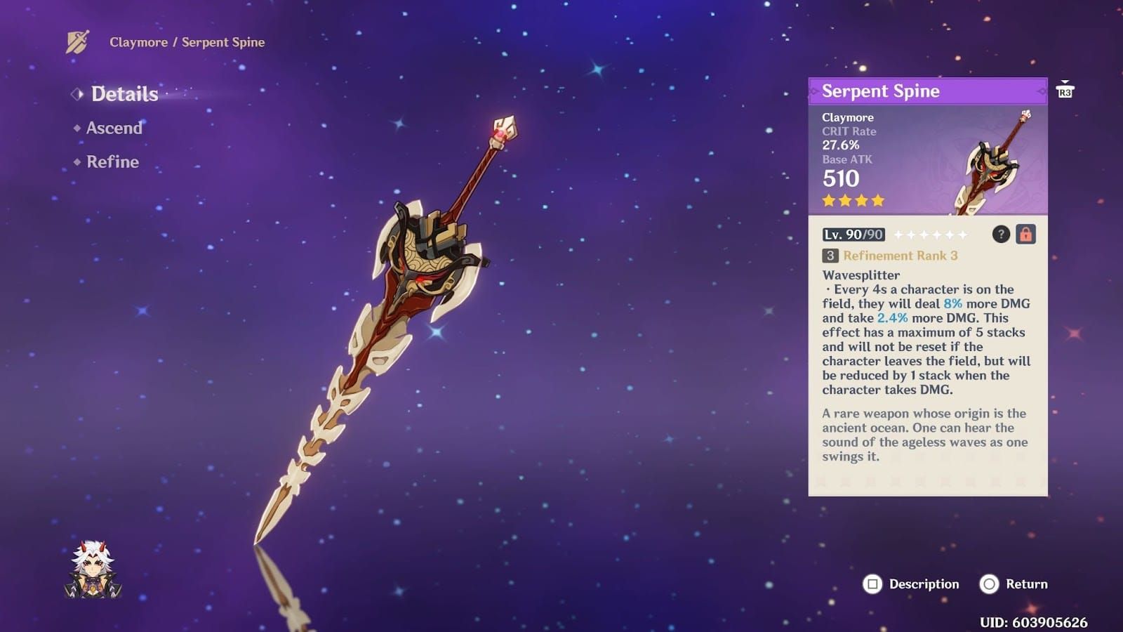 Serpent Spine 4-star claymore weapon from Genshin Impact