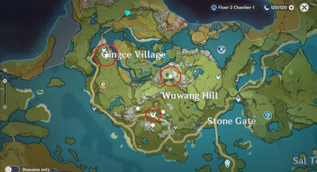 Genshin Impact map of Qingce Village resources