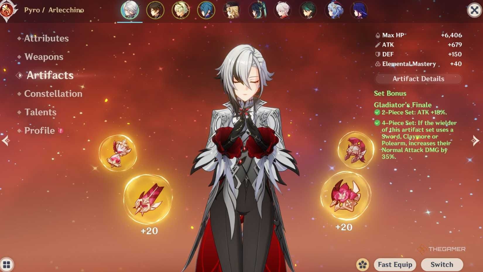 Genshin Impact budget artifacts and weapons for Arlecchino