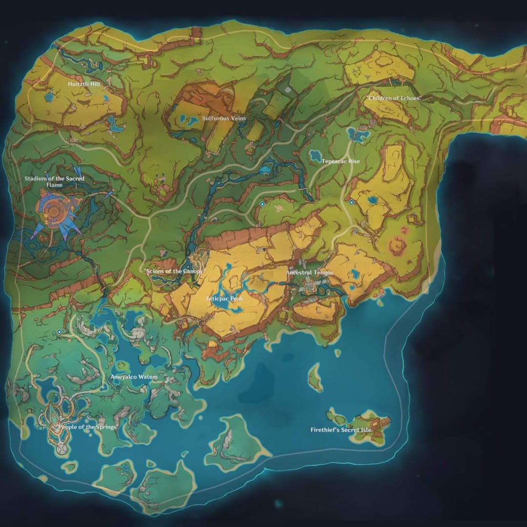 Map of lava areas in Genshin Impact's Natlan region for Tournament of Glory in Bloom event