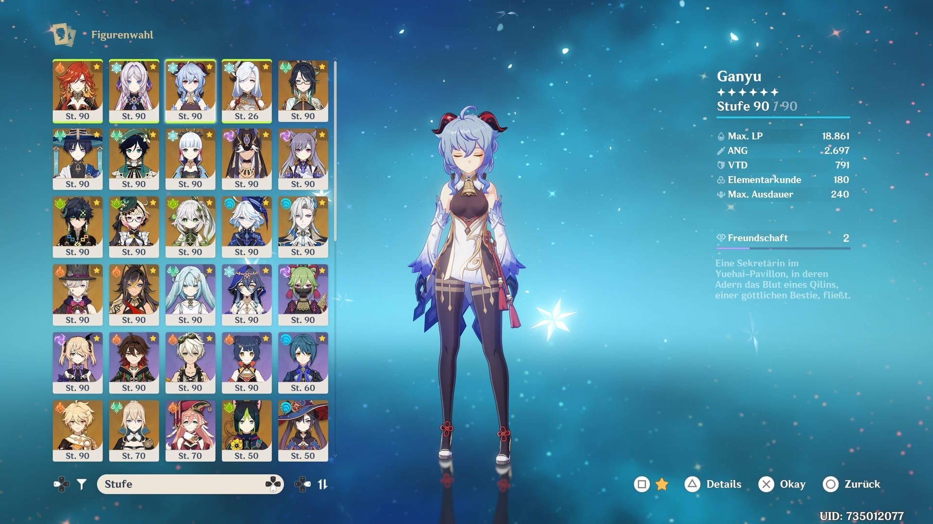 Genshin Impact screenshot of Ganyu's Freeze team with Venti, Mona, and Diona