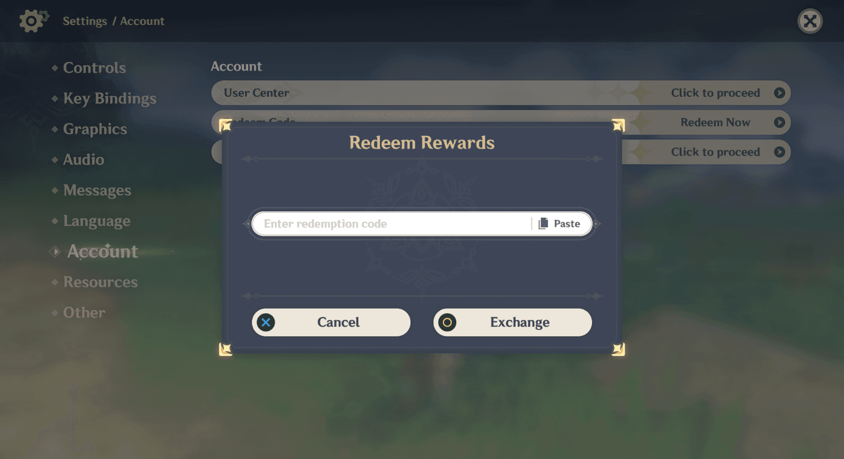 Redeem code interface in Genshin Impact