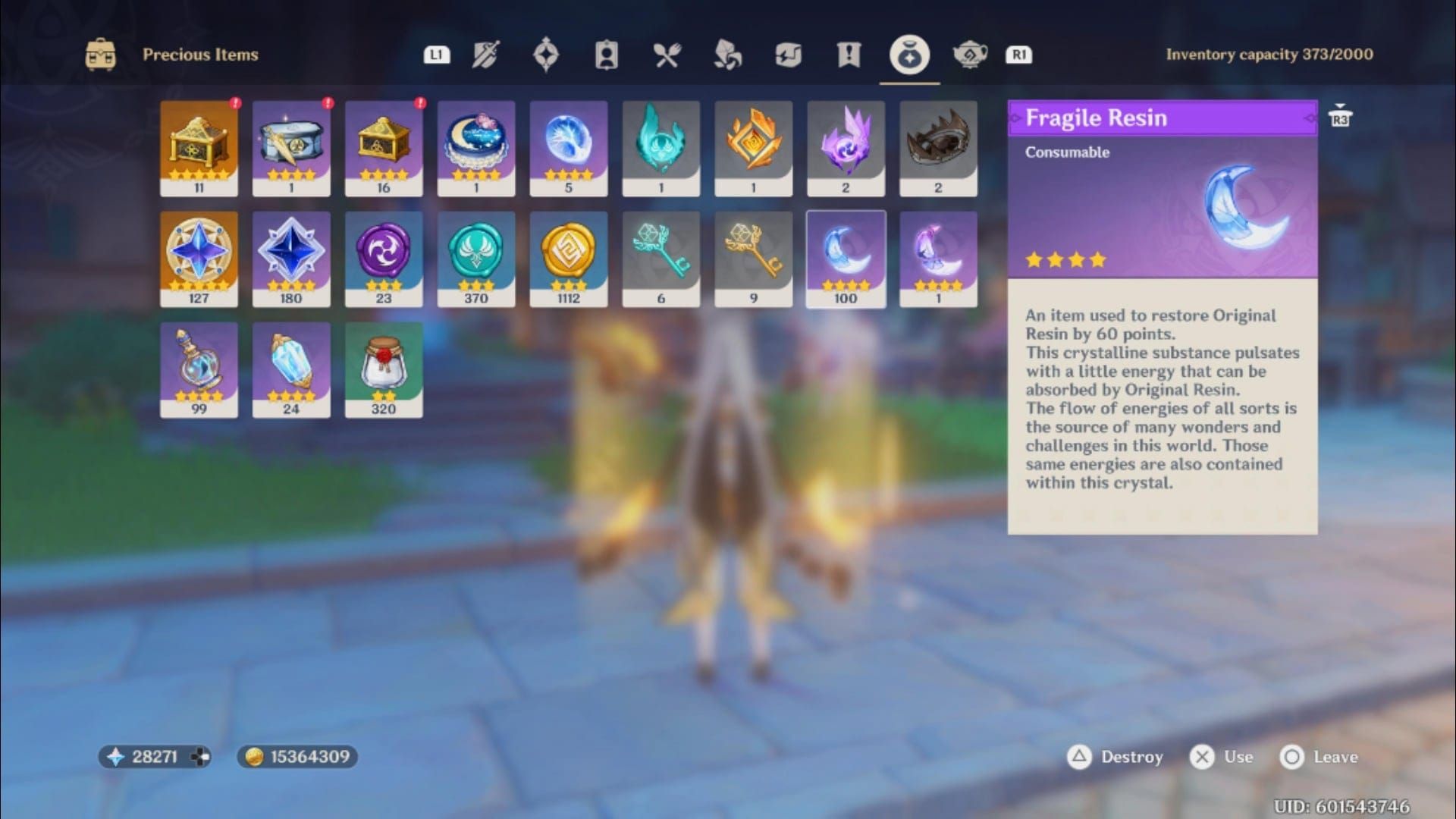 Genshin Impact Fragile Resin in player inventory