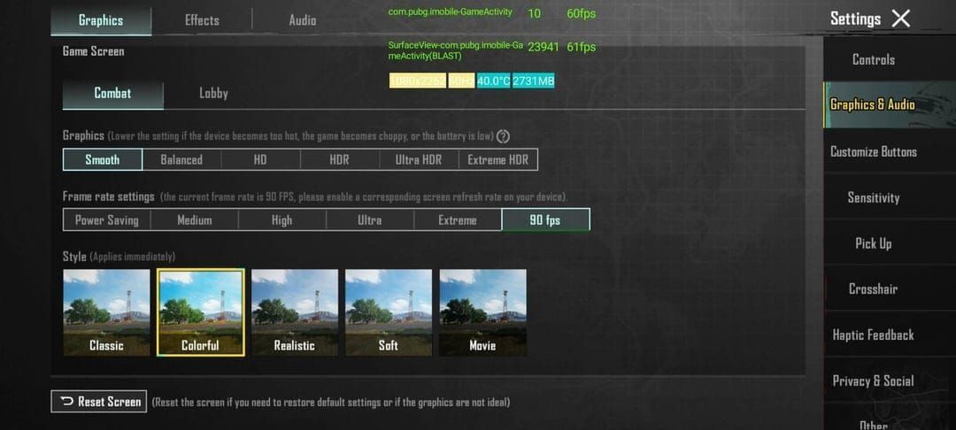 PUBG Mobile graphics settings interface showing competitive tournament configuration
