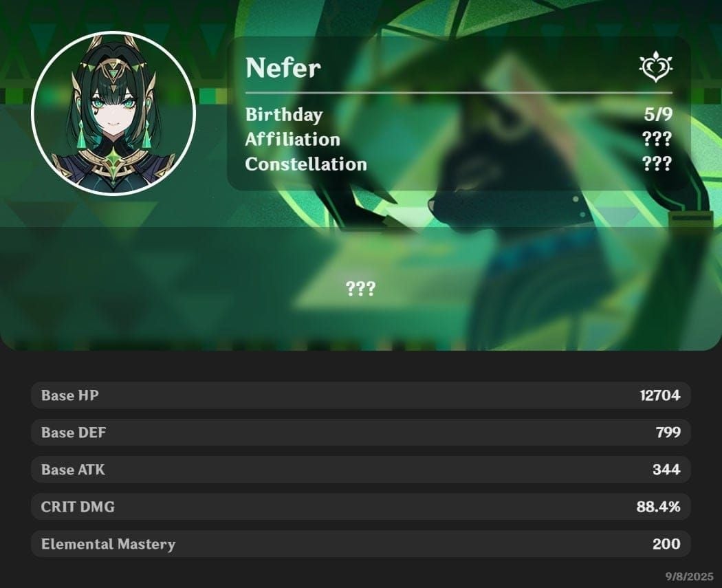 원신 네퍼 캐릭터의 레벨 90 기본 스탯 정보 화면