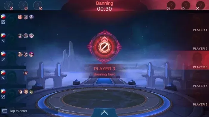 Mobile Legends draft pick selection screen showing hero banning and picking phase