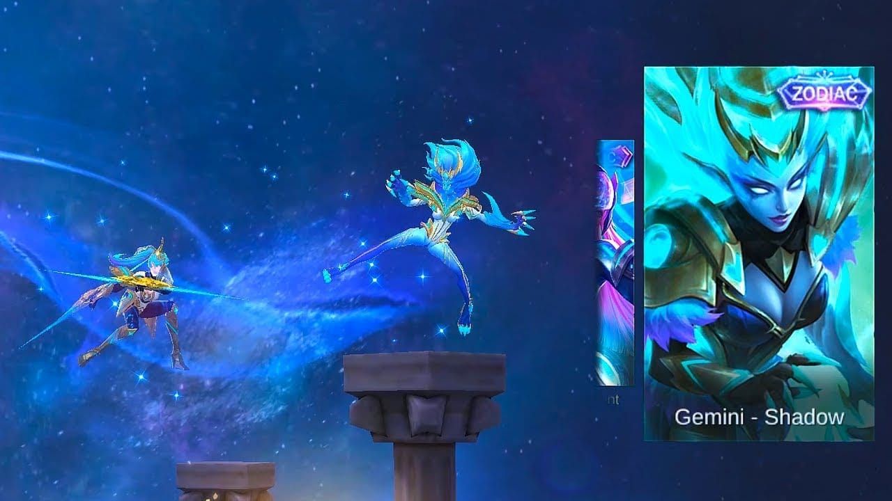 Mobile Legends Gemini zodiac skins featuring Selena Shadow and Karina Halo designs