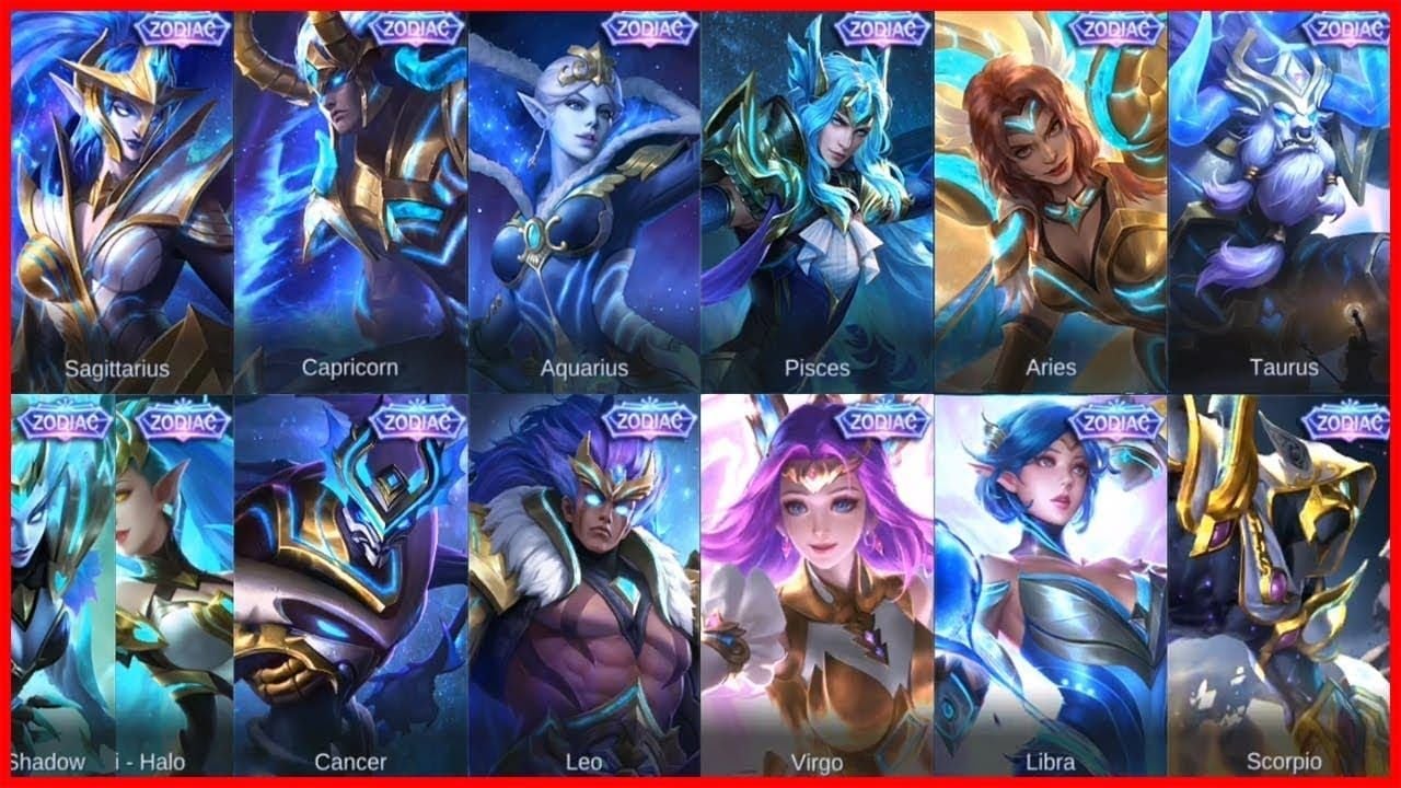 Mobile Legends zodiac skins collection showing various characters with celestial-themed designs