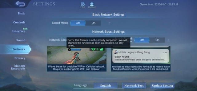 Mobile Legends network connectivity test interface showing ping and packet loss metrics