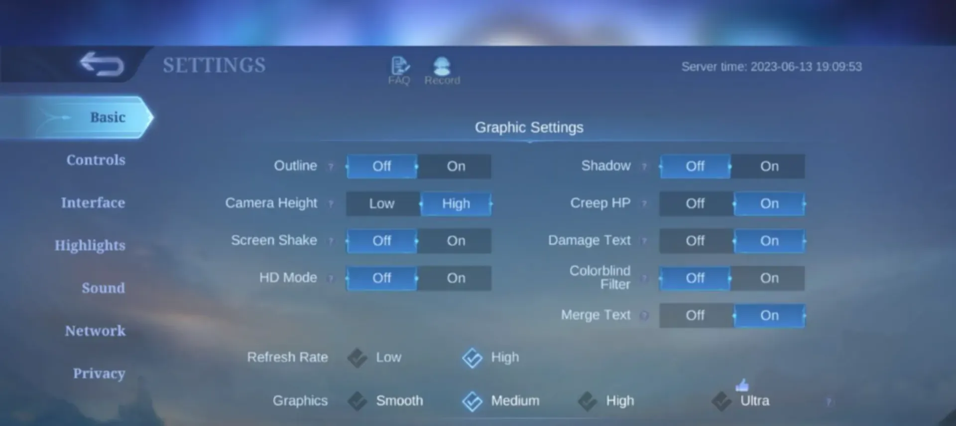 Mobile Legends graphics settings interface with performance optimization options