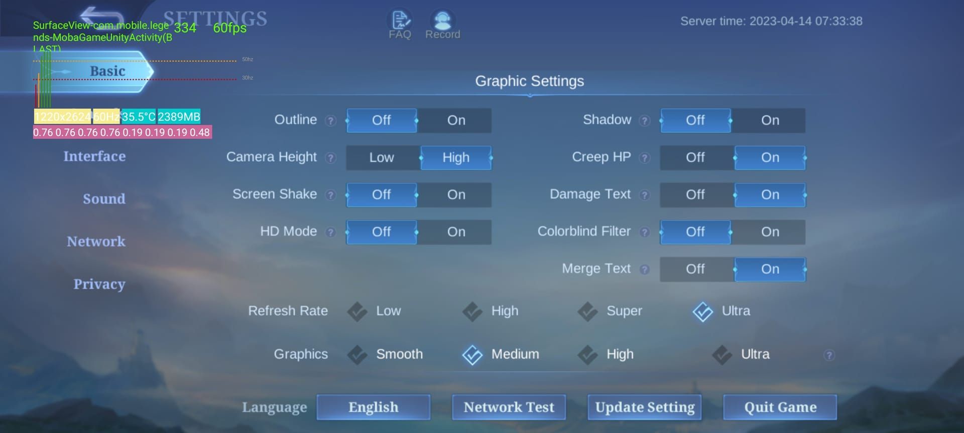 Mobile Legends frame rate settings with Ultra FPS option and in-game FPS display