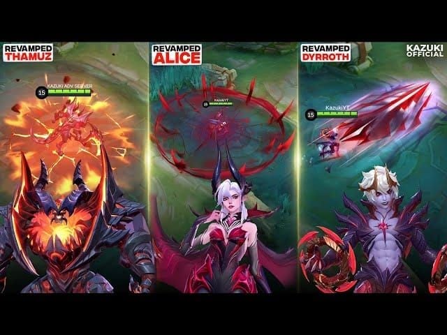 Mobile Legends hero revamp comparison showing Alice, Dyrroth, and Thamuz updates