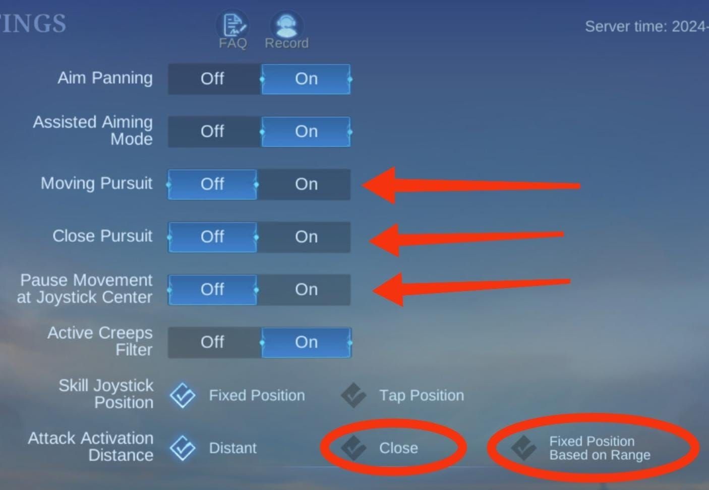 Mobile Legends control settings interface showing Advanced Targeting Method option