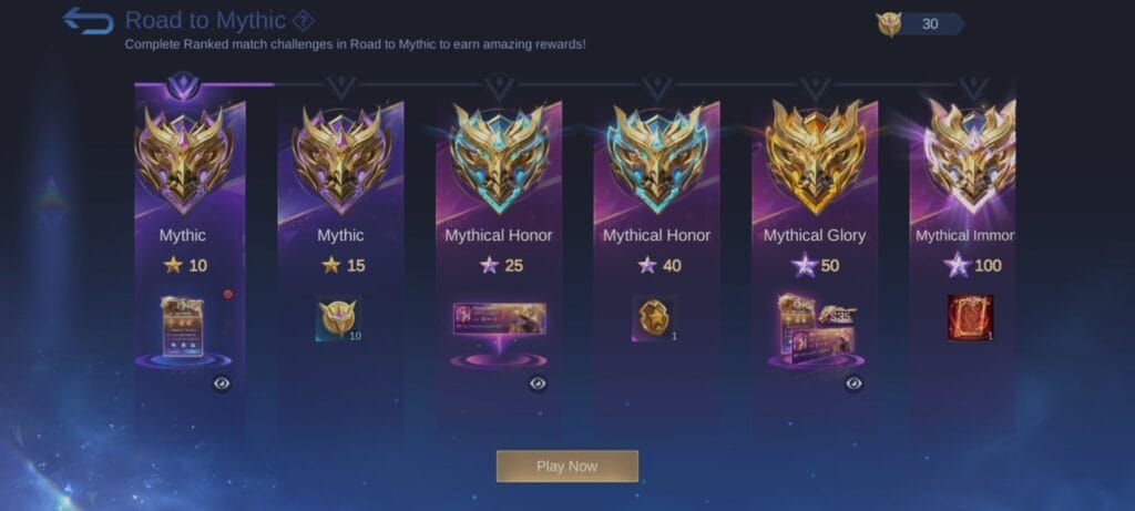 Mobile Legends Mythic tier interface displaying Honor, Glory, and Immortal sub-divisions with star counts
