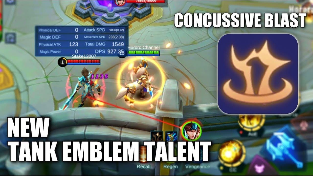 Tank hero using Concussive Blast talent showing AoE damage effect in Mobile Legends