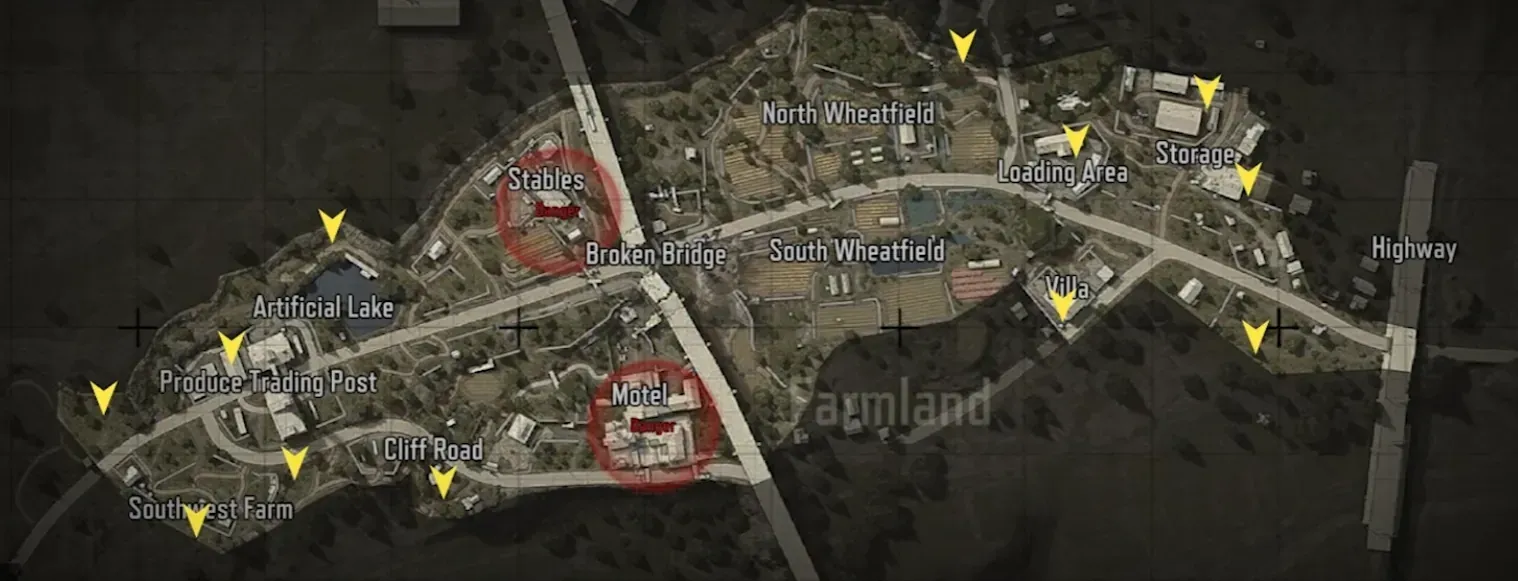 Arena Breakout Farm map showing Motel, Stables, Grain Storage, and Main House locations