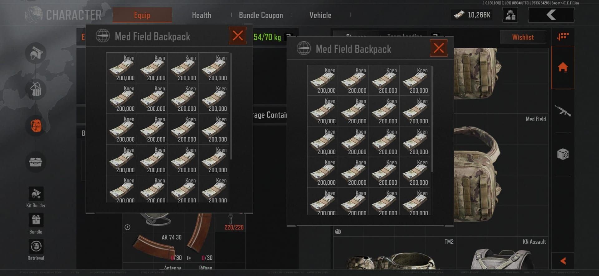 Arena Breakout game interface displaying Koen currency and trading system