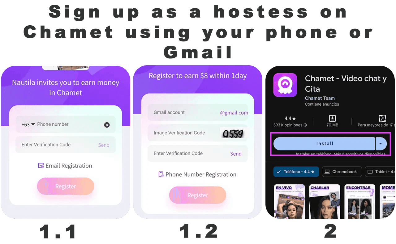 Chamet host sign-up process showing profile creation and photo upload steps