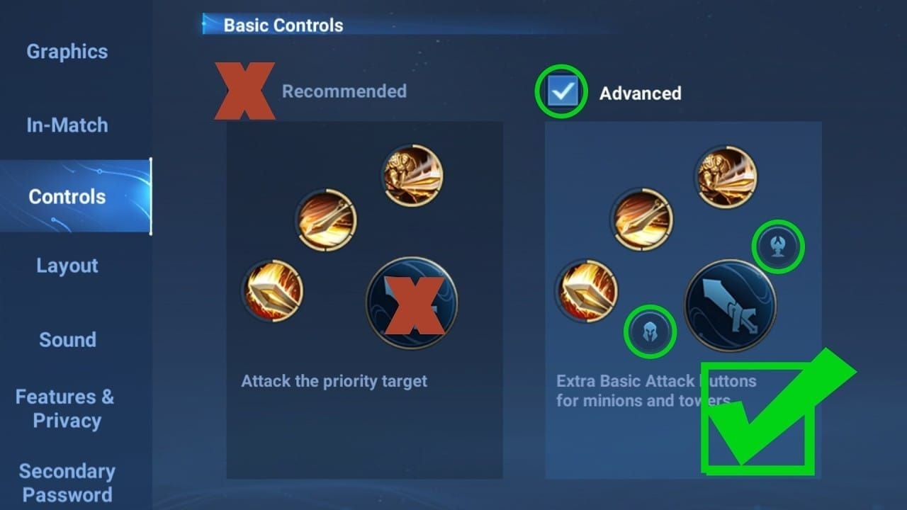Honor of Kings control settings menu showing advanced targeting and attack mode options