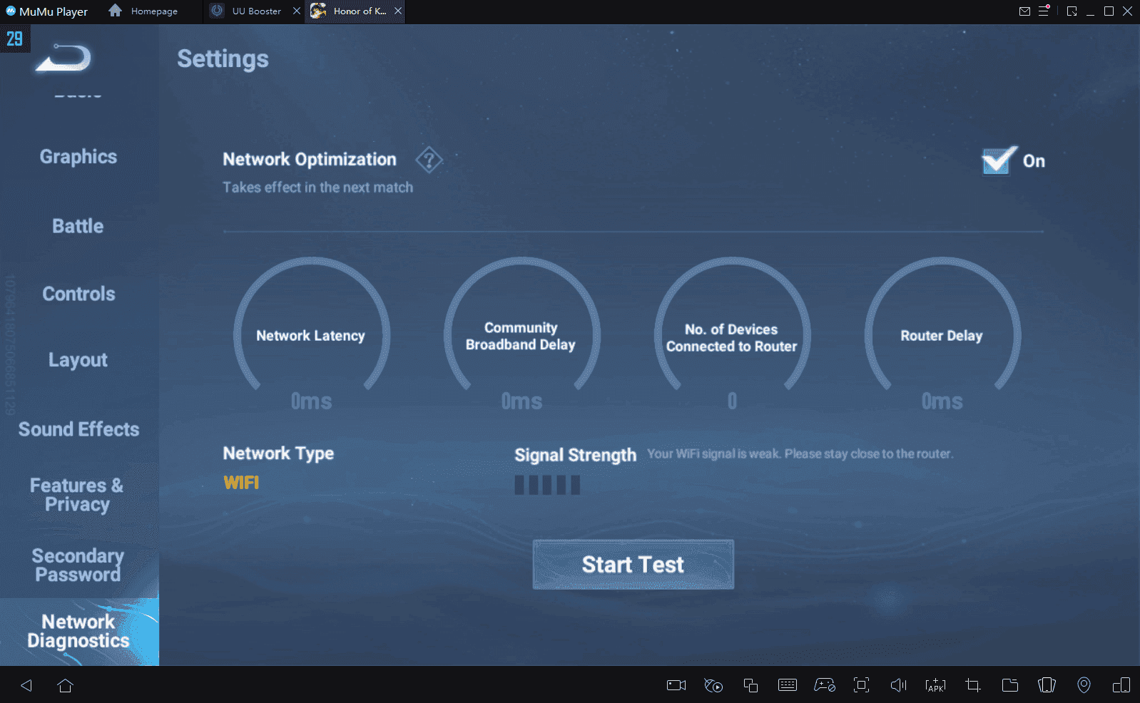 Honor of Kings network settings interface with optimization features and ping indicators
