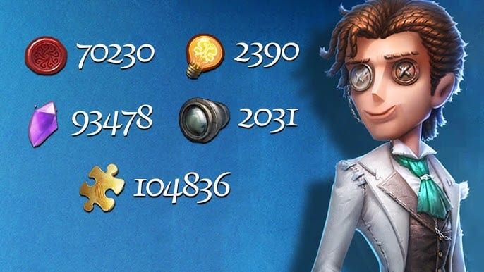 Identity V game interface showing different currency types including Clues, Fragments, and Inspirations