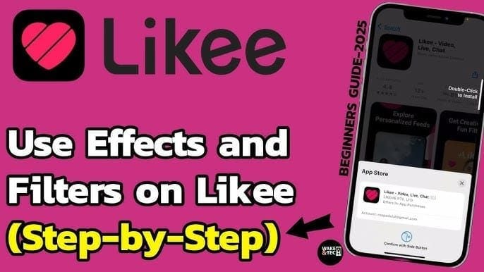 Likee mobile app interface displaying AR effects and video editing tools