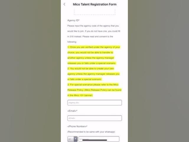 MICO Live app showing the MICO TALENT registration form location and process
