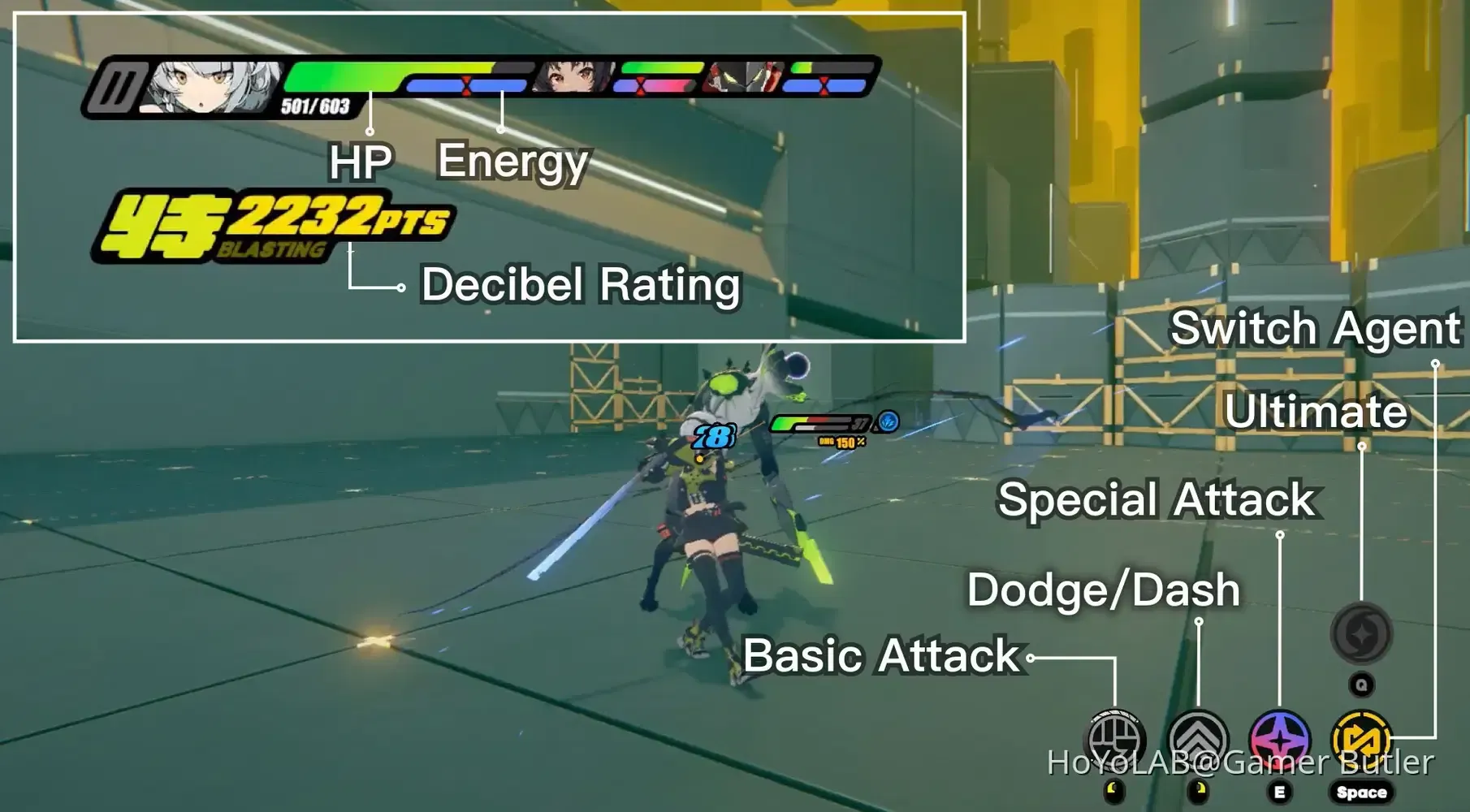 Combat interface in Zenless Zone Zero showing character skills and abilities during battle