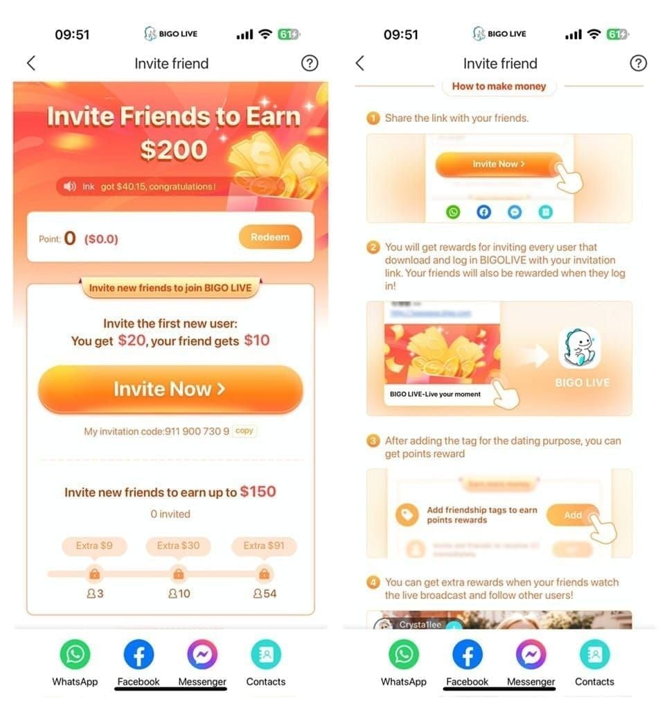 BIGO Live creator earnings dashboard displaying bean balance and withdrawal options