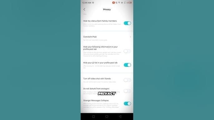Bigo Live privacy settings interface showing security configuration options