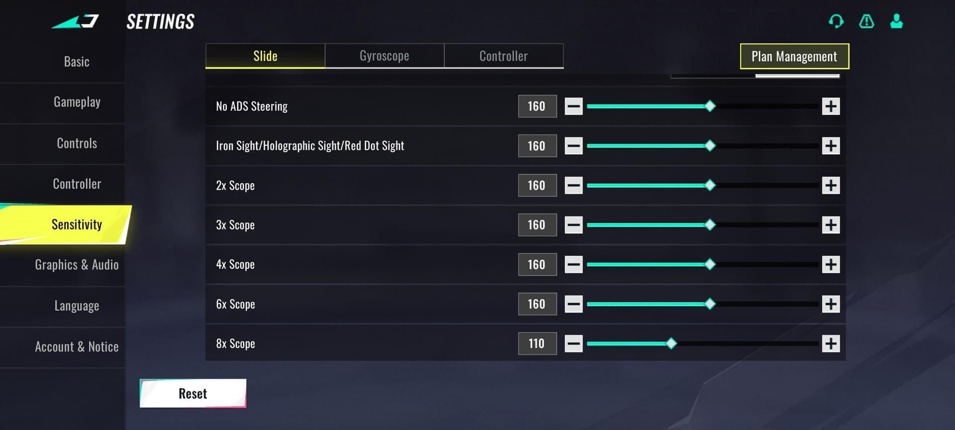 Blood Strike in-game sensitivity configuration menu interface