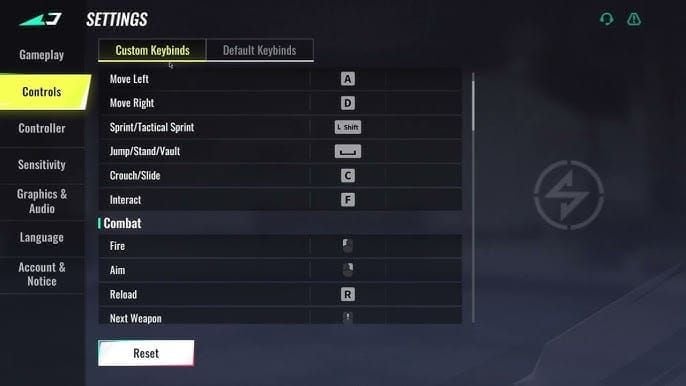 Blood Strike control settings interface showing keybind configuration options