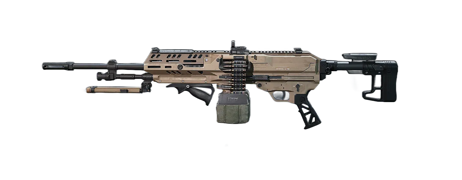 Delta Force M250 light machine gun with suppression attachments and extended belt magazine