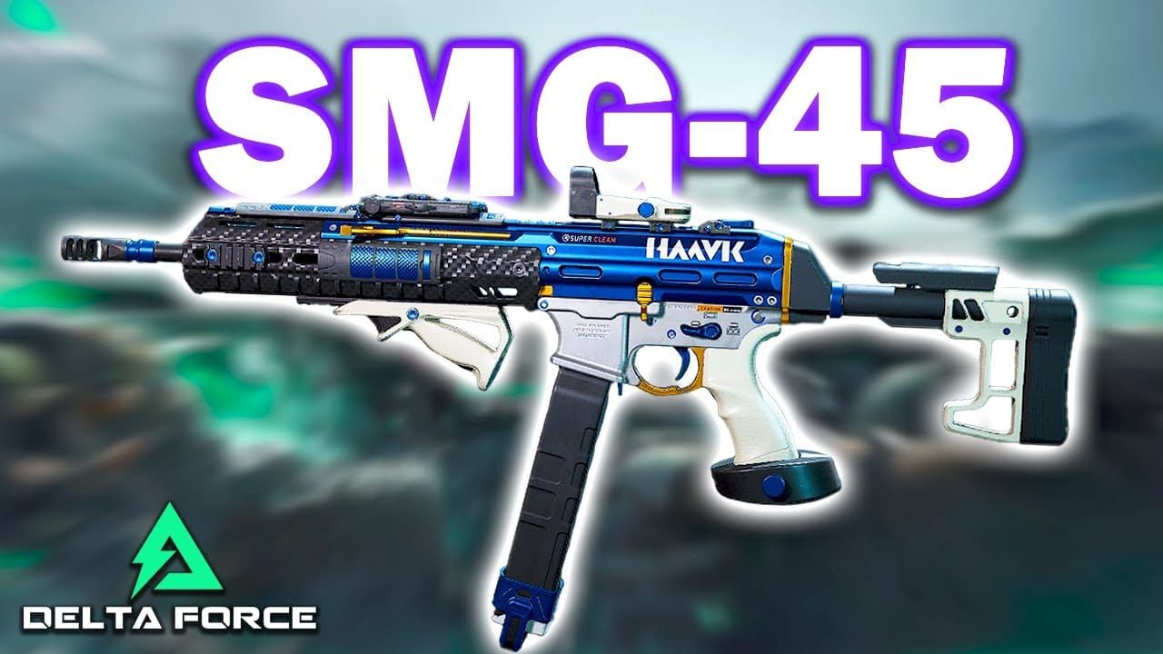 Delta Force SMG-45 submachine gun with close-range attachments including SMG Echo Suppressor and extended magazine