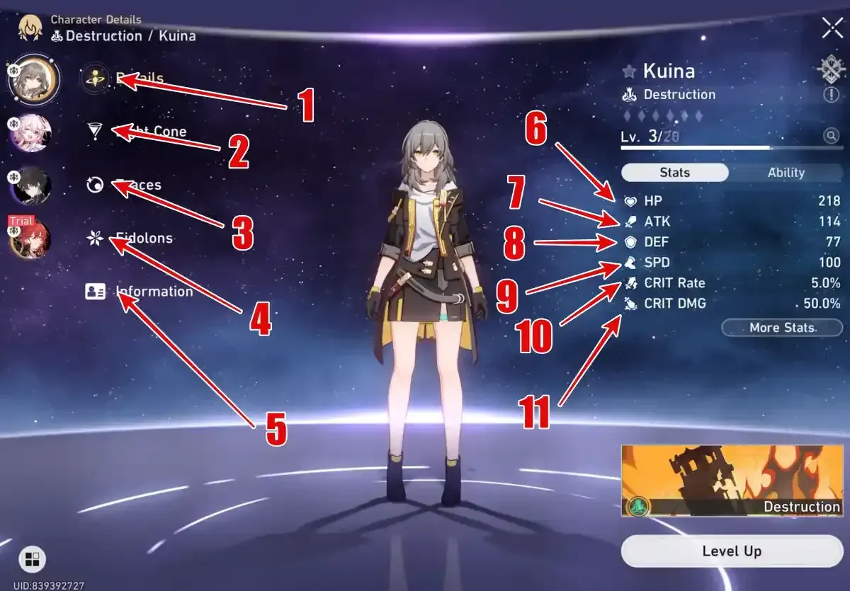 Honkai Star Rail character equipment screen displaying Light Cone and relic slots