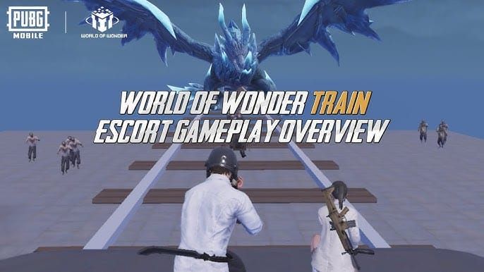 PUBG Mobile Train Escort mode gameplay showing four players defending a train from zombie attacks