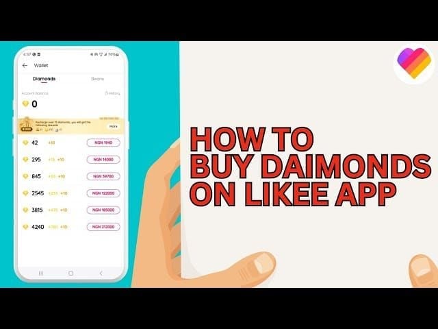 Likee app interface showing Diamond currency balance and recharge options