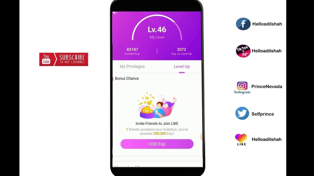 Likee app showing user level progression with level 35 milestone highlighted