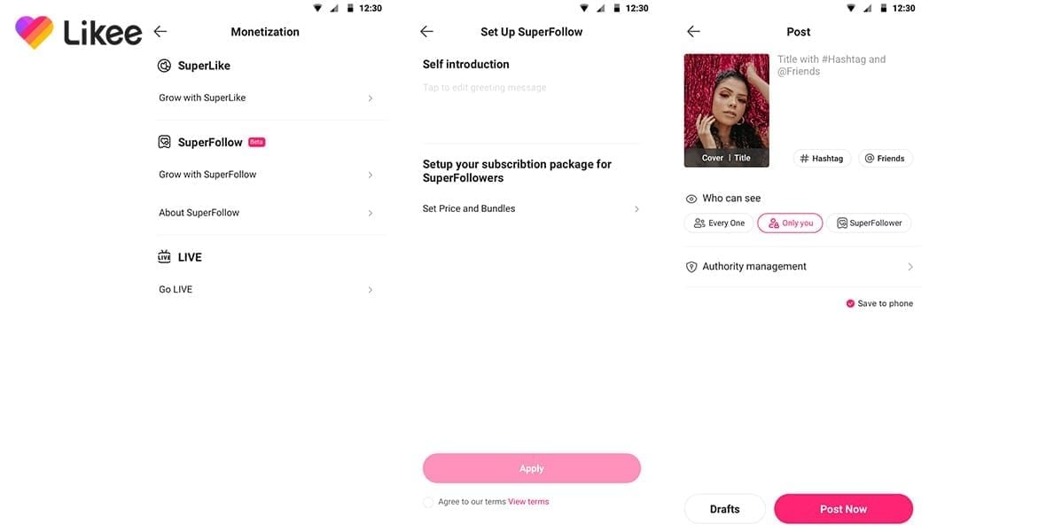 Likee SuperFollow feature interface displaying subscription pricing options