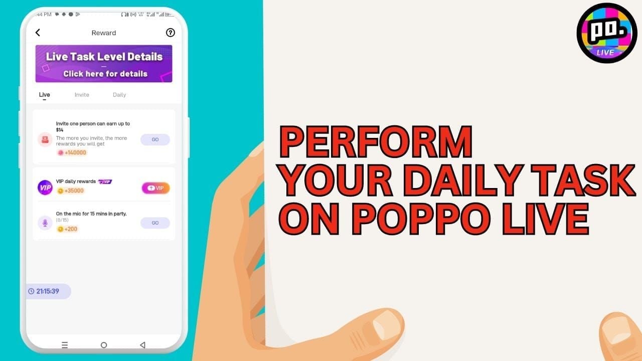 Poppo Live daily tasks screen showing streaming requirements and point rewards
