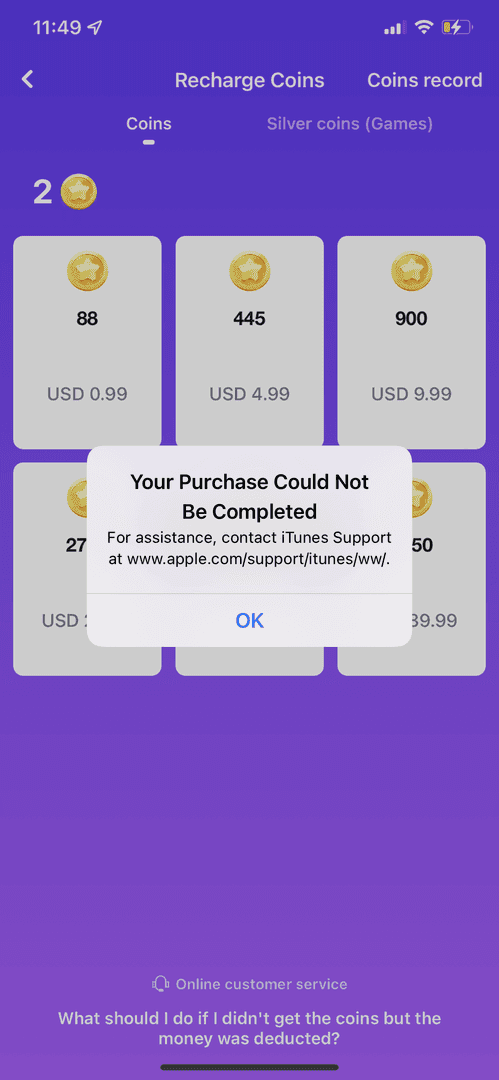 MICO coin purchase screen showing various coin packages and pricing options