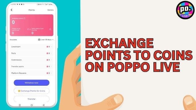 Poppo Live points to USD conversion interface showing 10,000 points equals $1