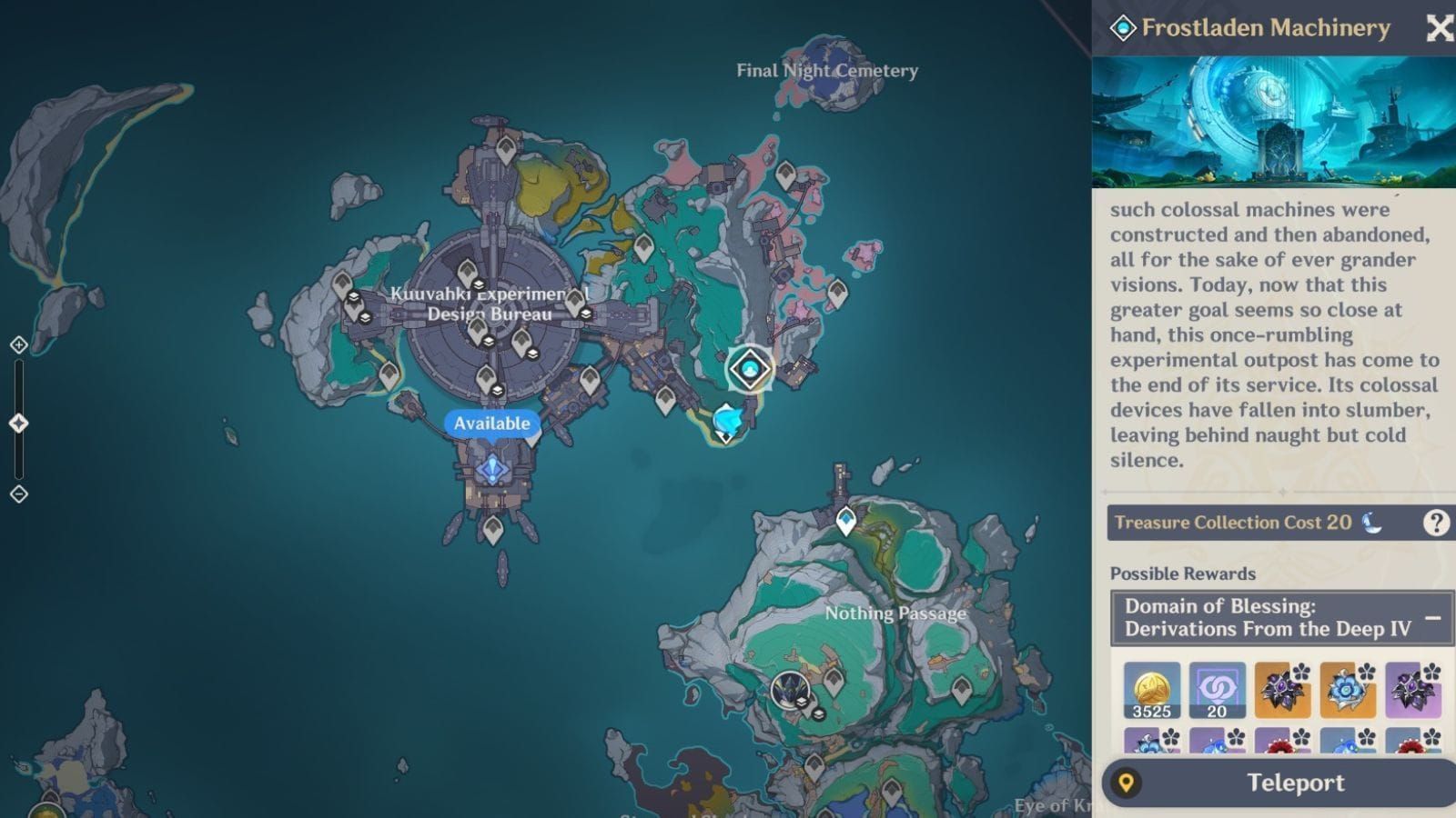 Genshin Impact map showing Frostladen Machinery domain location in Nod-Krai
