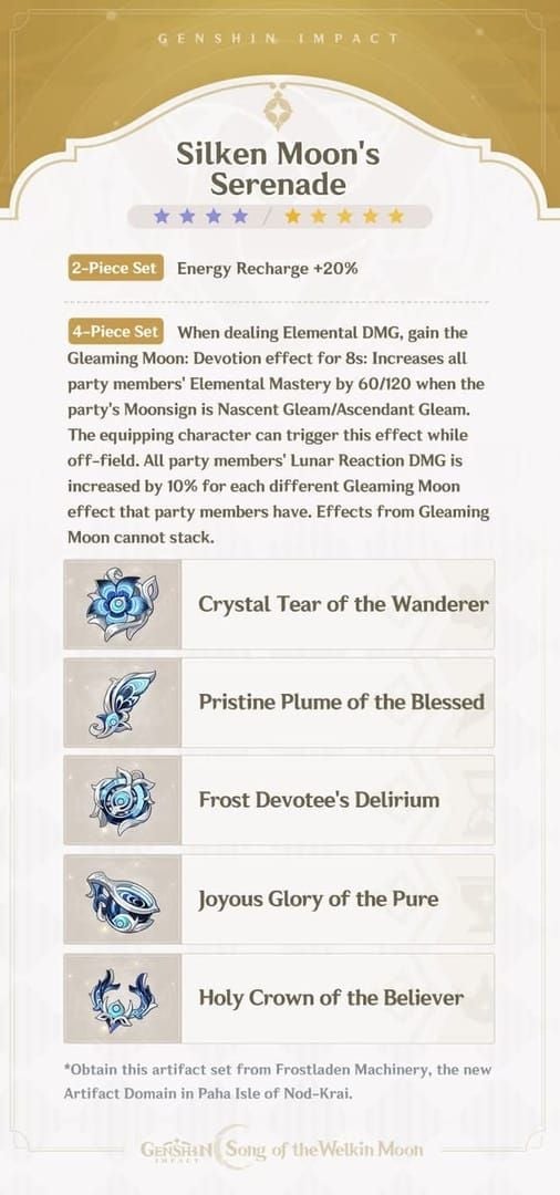 Genshin Impact Silken Moon's Serenade 4-piece set effect showing Gleaming Moon: Devotion buff
