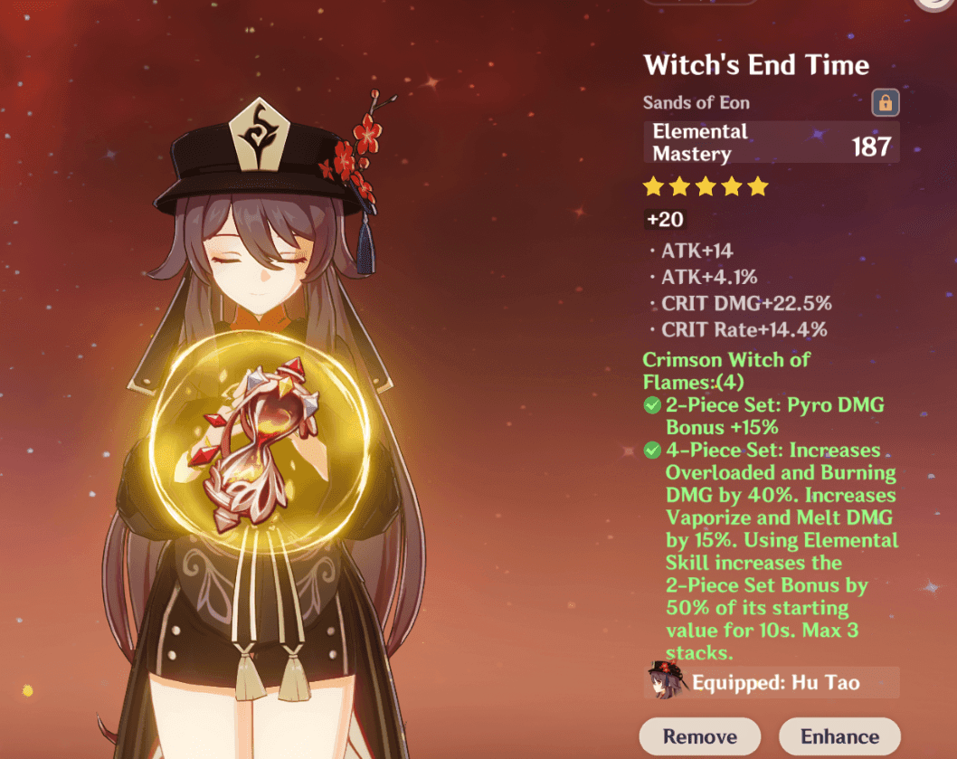 Genshin Impact artifact sands piece with Elemental Mastery main stat and substats