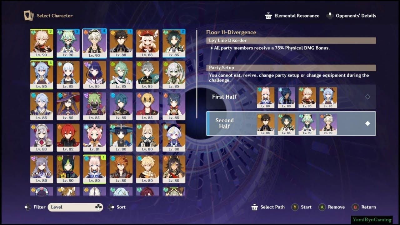 Genshin Impact Spiral Abyss Floor 11 interface showing enemy levels and elemental damage bonuses