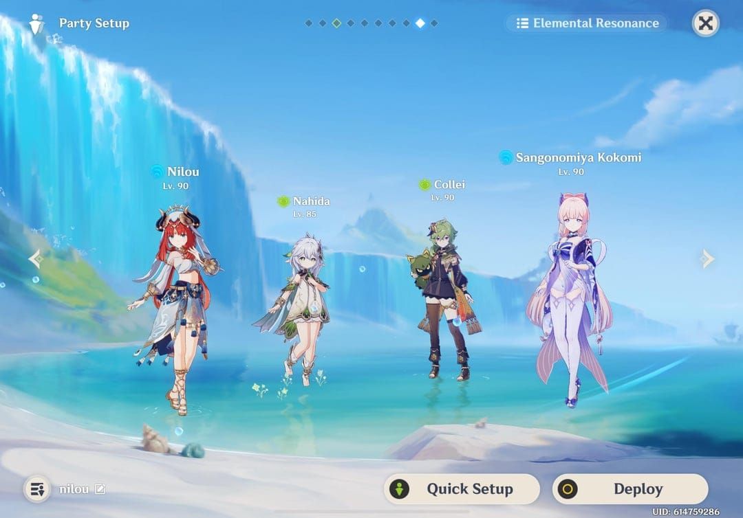 Genshin Impact Bloom team composition showing Nilou, Nahida, Kokomi, and Collei characters